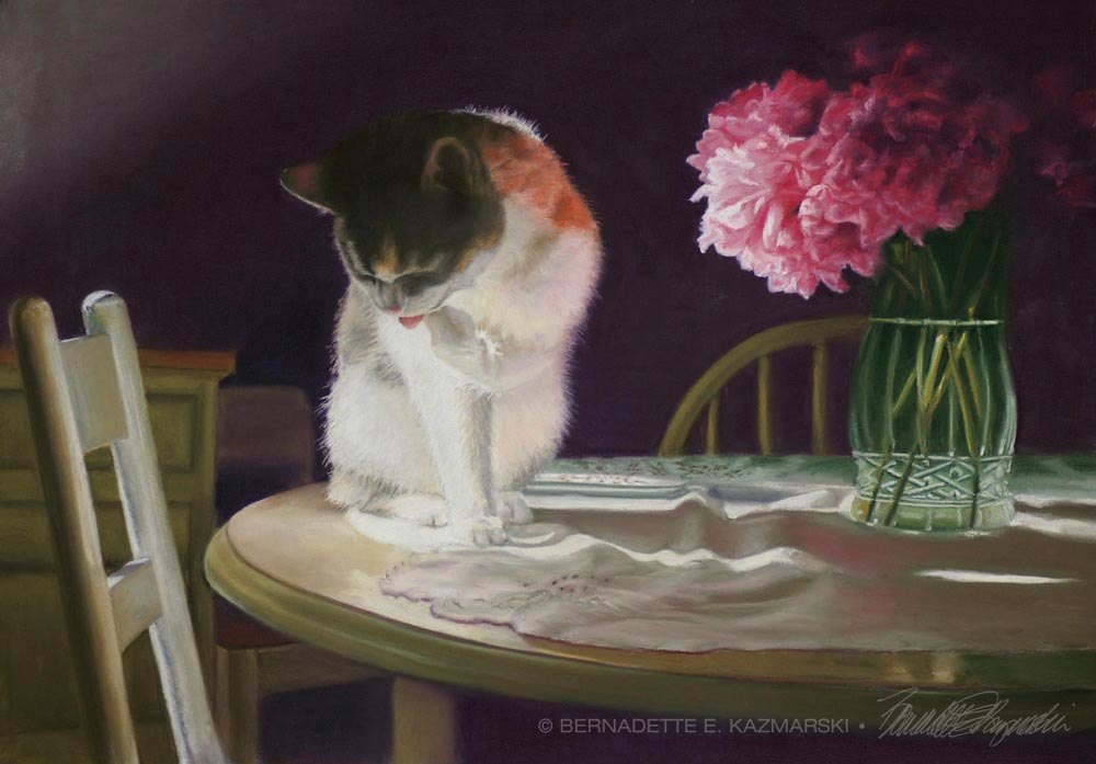 pastel painting of calico cat with vase of peonies