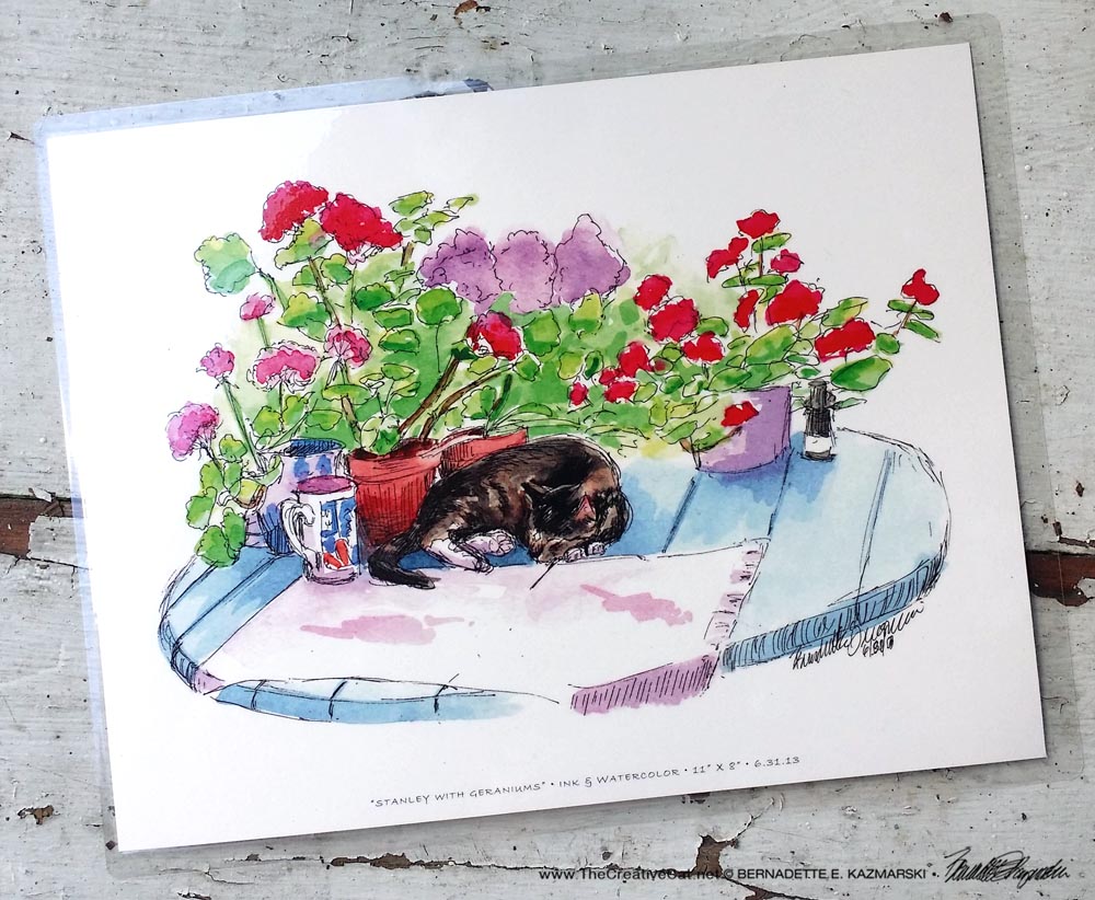Stanley With Geraniums, 8.5 x 11.