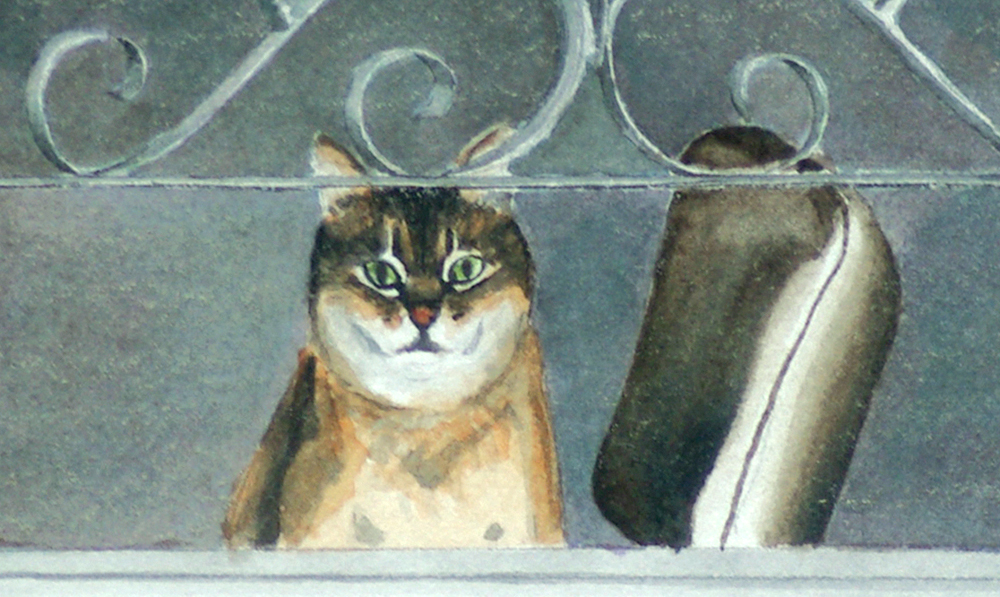 watercolor of cat sitting on chair at door