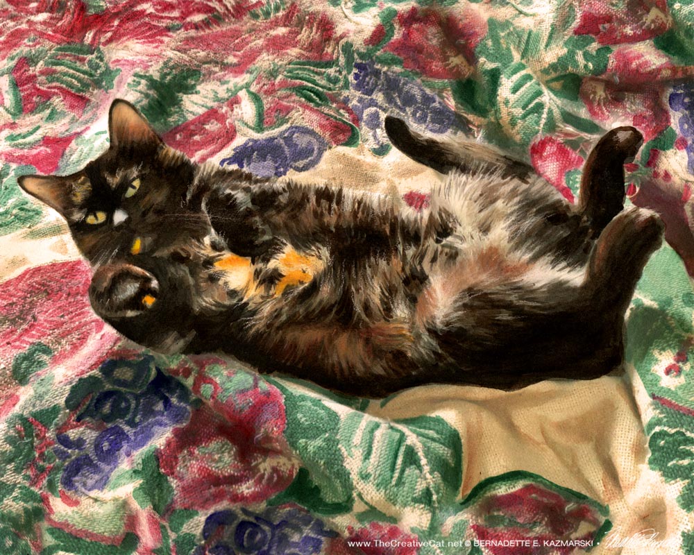 painting of tortoiseshell cat on flowered blanket