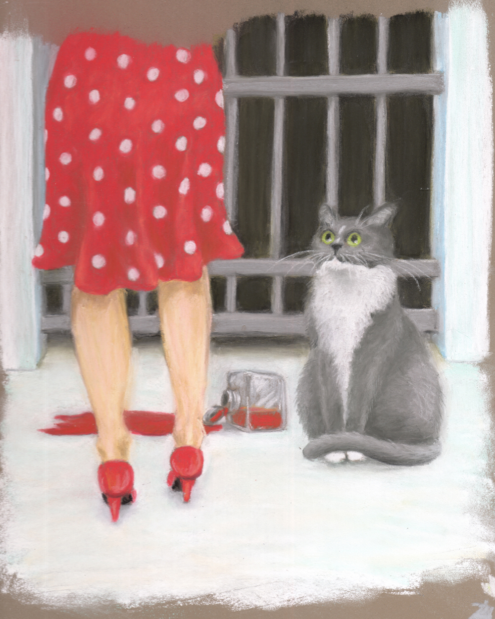 detail of cat-eye witness illustration with cat and woman in jail