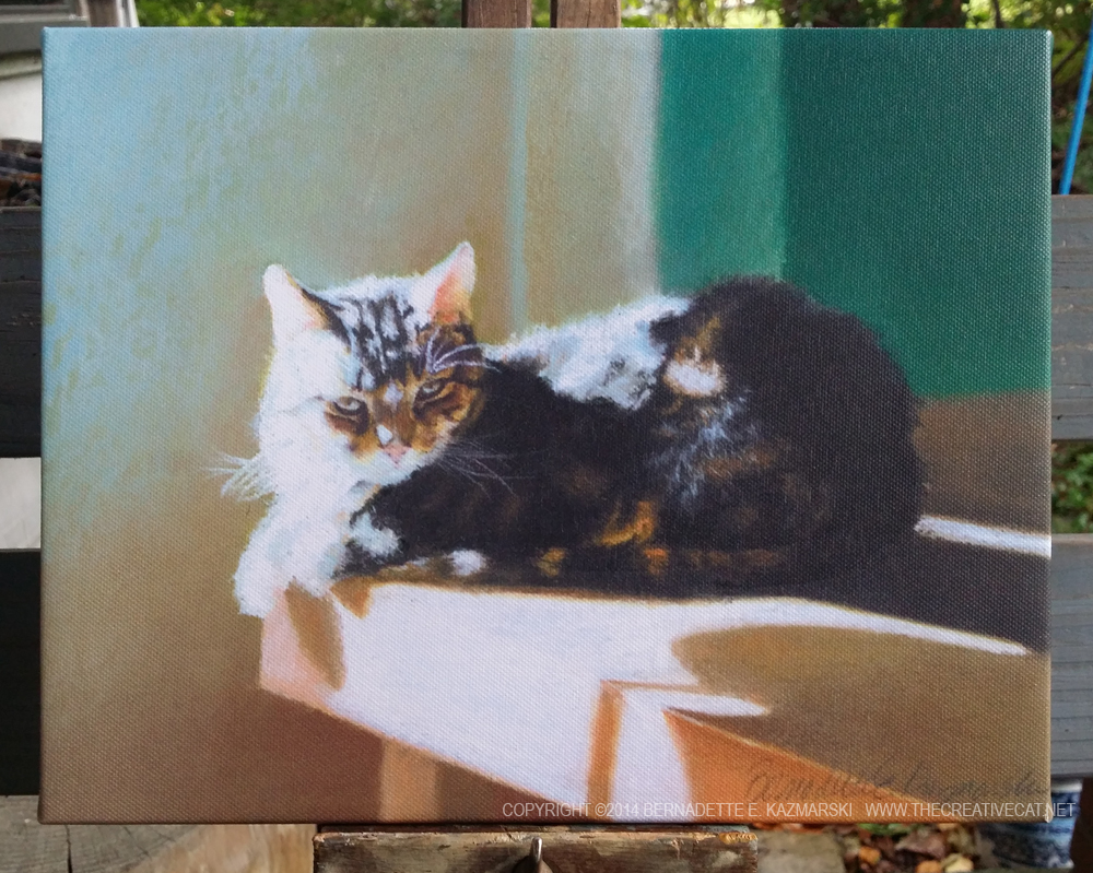 canvas of pastel of cat napping on table