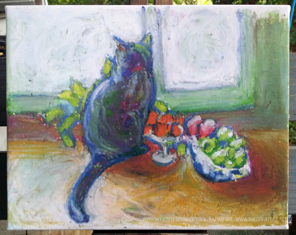canvas print of cat with fruit bowl