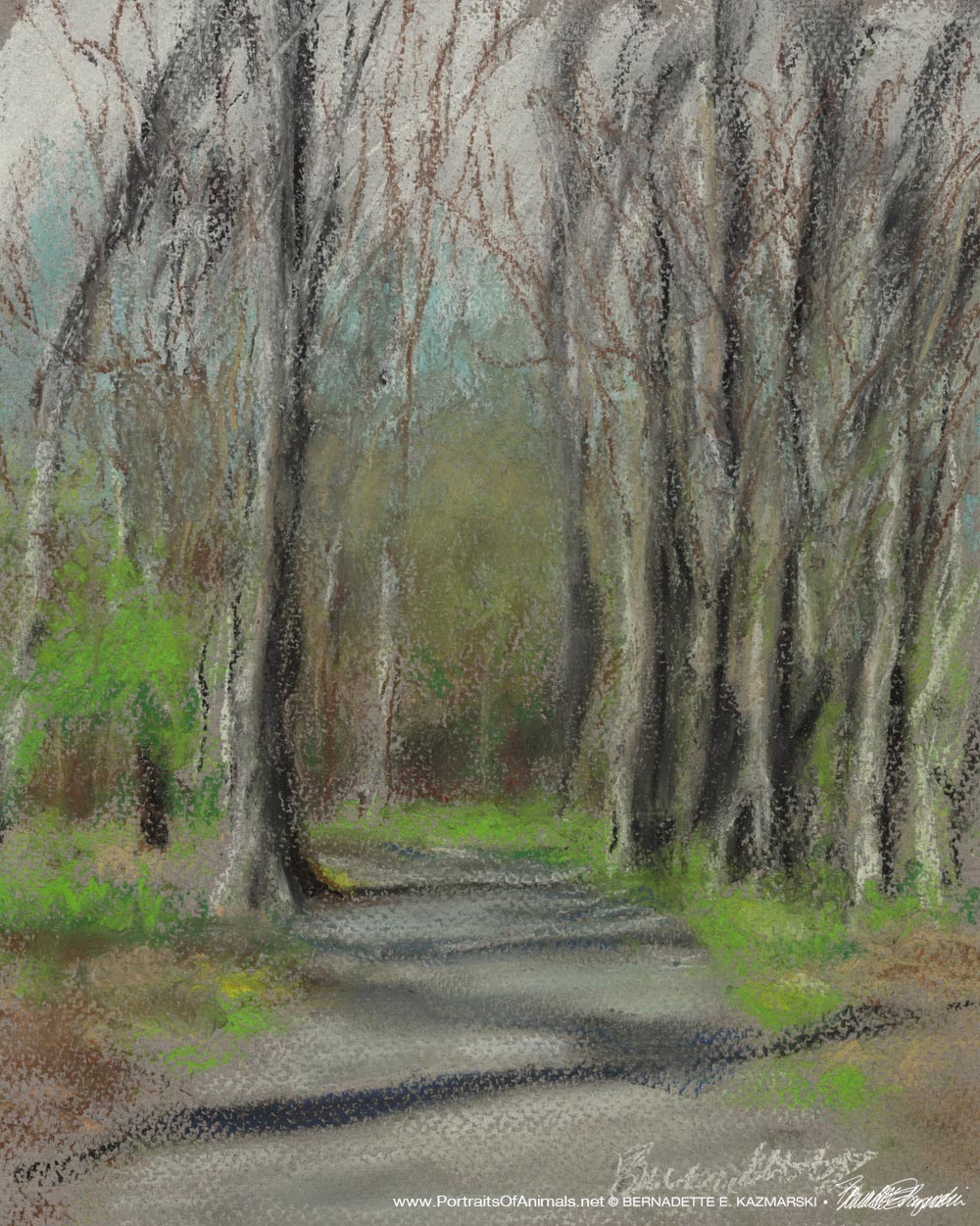 pastel sketch of trail in the woods