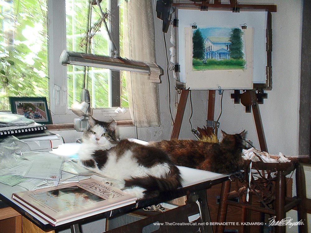 Sophie and Cookie hang out on my drafting table.