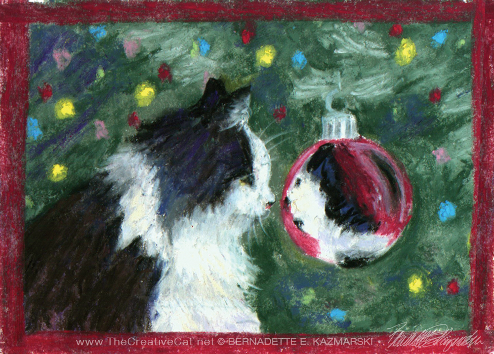 pastel sketch of cat looking into Christmas ball