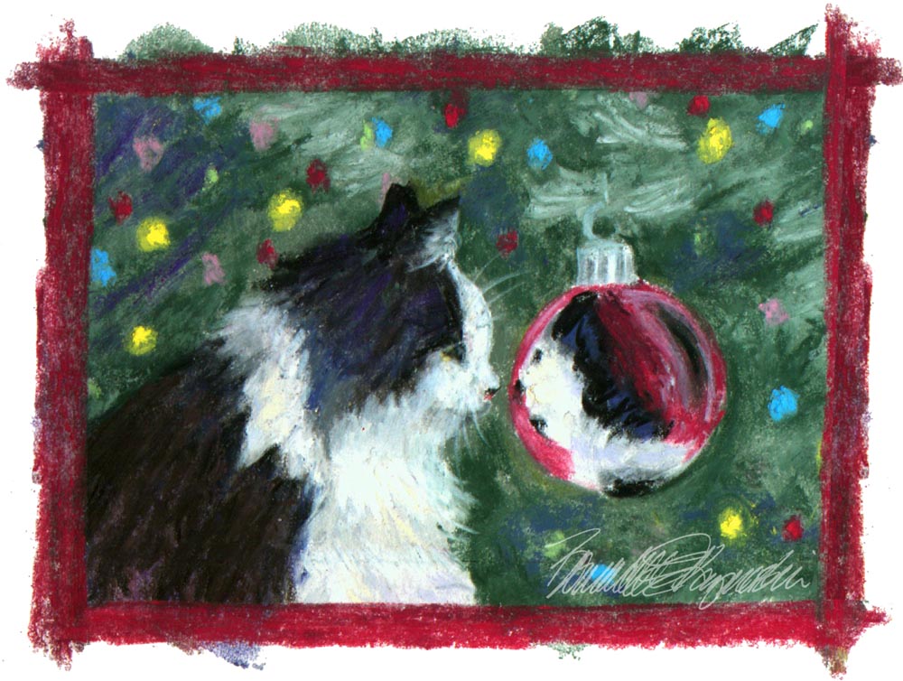 cat looking at holiday ornament