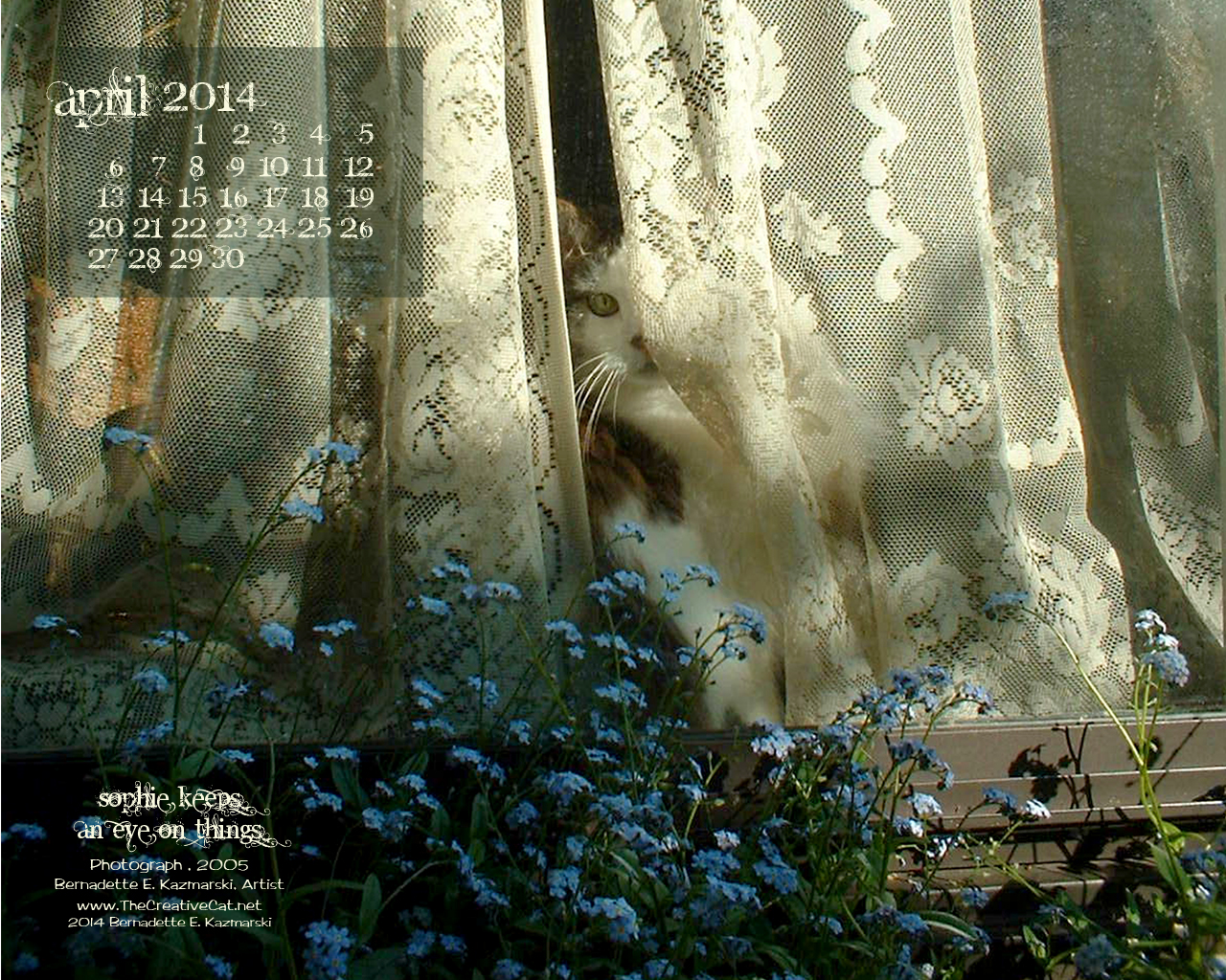 "Sophie Keeps an Eye on Things" 1280 x 1024 for square and laptop monotors desktop calendar wallpaper