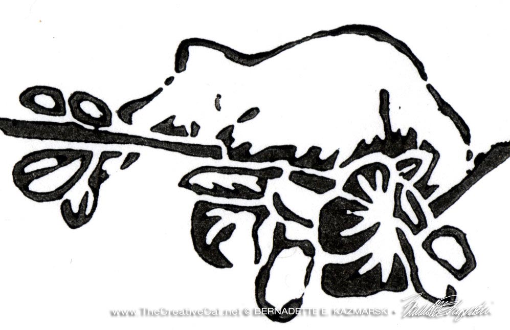 Detail of "The Spring Kitten" linoleum block print on rice paper, black ink only