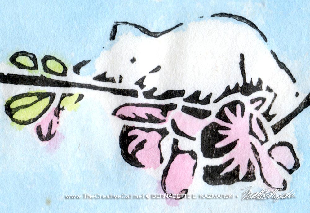Detail of "The Spring Kitten" linoleum block print on rice paper, black ink and hand-colored with watercolors