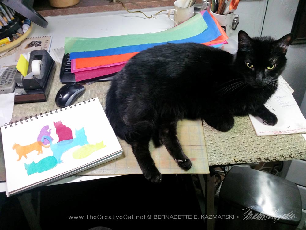 black cat on drafting table with artwork 