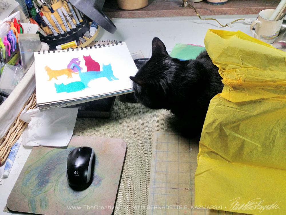 black cat on drafting table with artwork