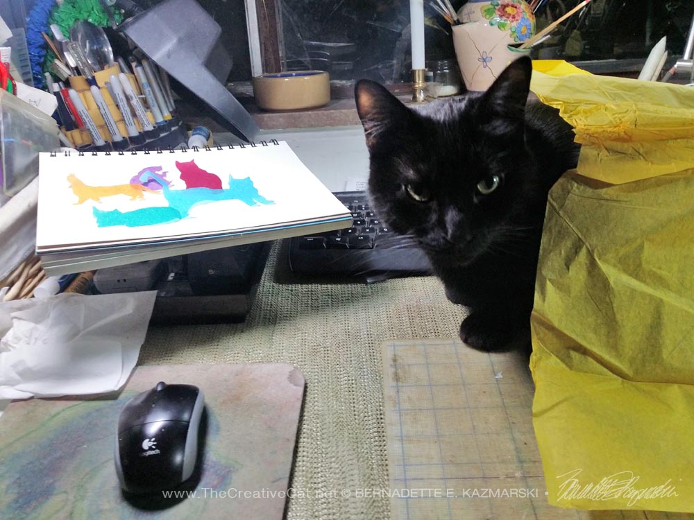 black cat on drafting table with artwork