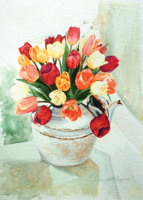 greeting card with tulips in teapot