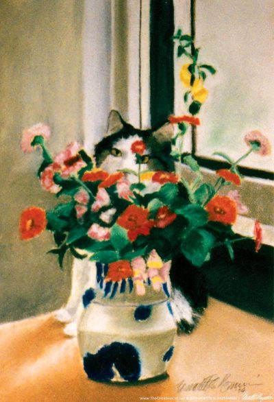 painting of cat behind flowers