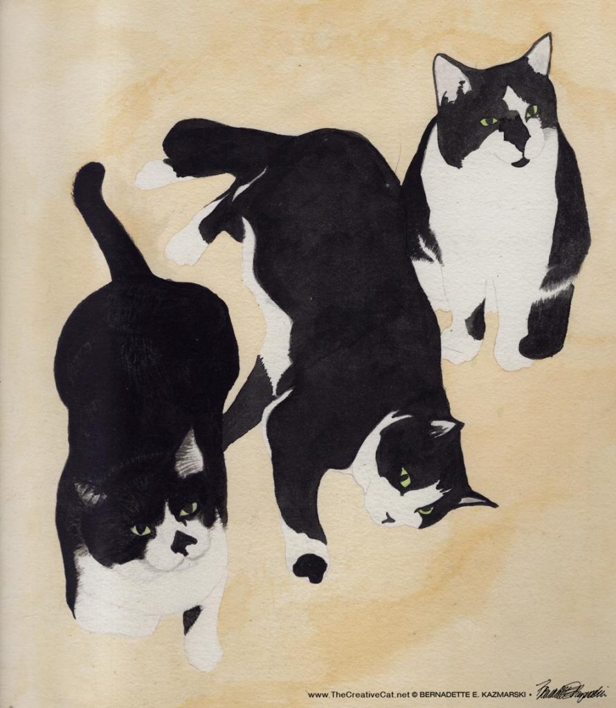 Three Black and White Cats, watercolor, 12 x 16 © Bernadette E. Kazmarski