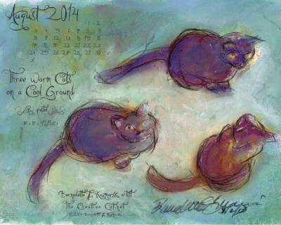 "Three Warm Cats on a Cool Ground" desktop calendar, 1280 x 1024 for square and laptop monitors