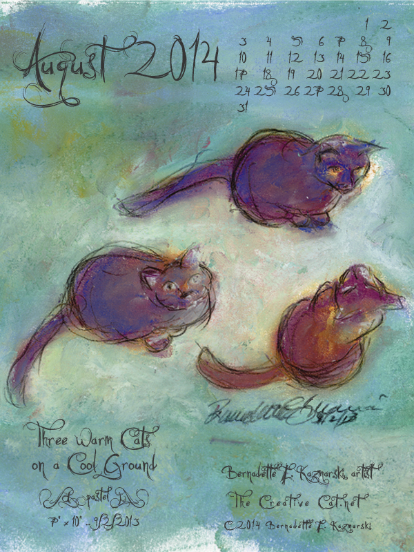 "Three Warm Cats on a Cool Ground" desktop calendar, for 600 x 800 for iPad, Kindle and other readers