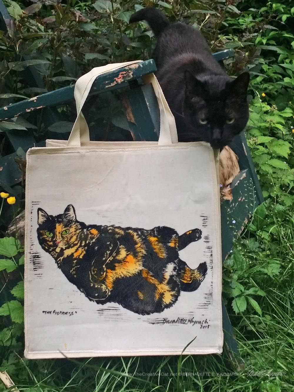 The Goddess tote bag--and you know how Mimi loves to photobomb my product photography.