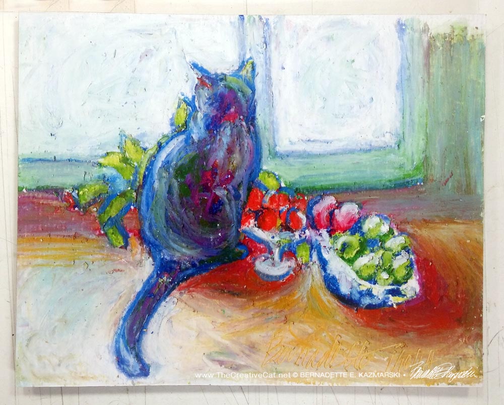"Cat With Fruit" hot pad/trivet.