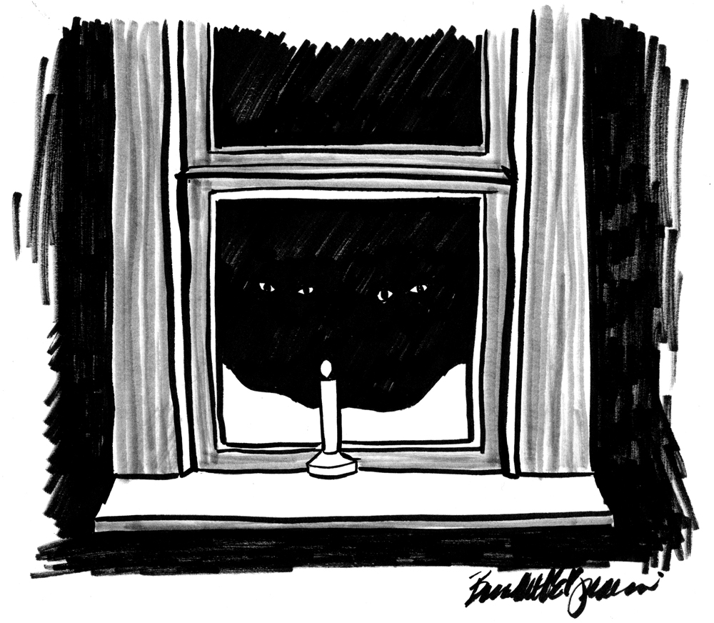 marker sketch of two black cats at the window
