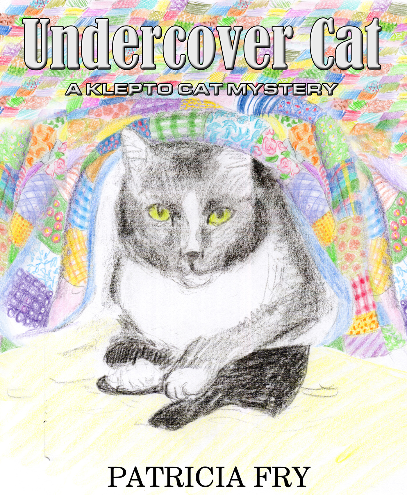 pencil sketch of cat under quilt with glove