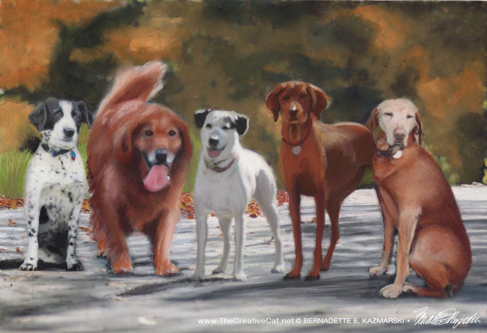 Sheena, Casey, Madison, Apollo and Ginger, 12 x 18, pastel © Bernadette E. Kazmarski