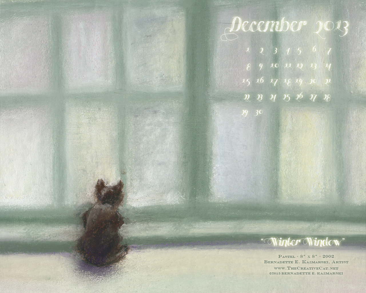 "Winter Window" cat art desktop calendar for square monitors.