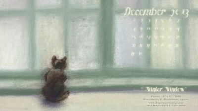 "Winter Window" cat artwork desktop calendar for square monitors.
