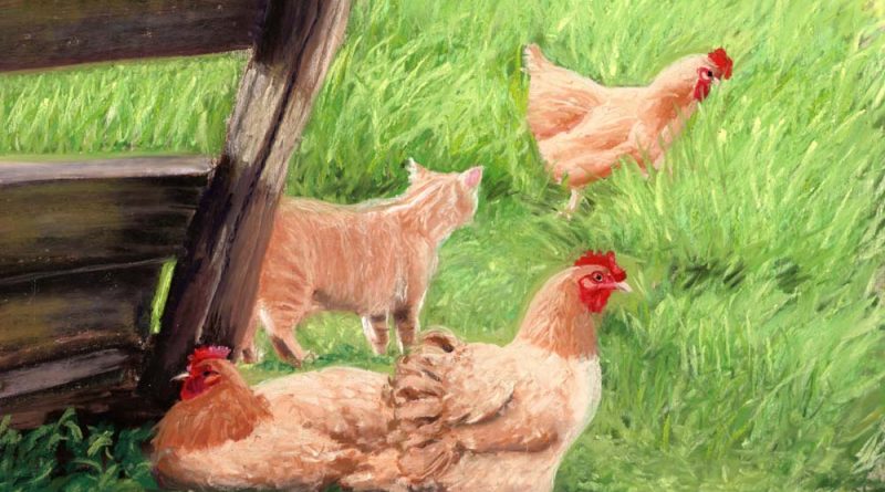 painting of cat and chickens