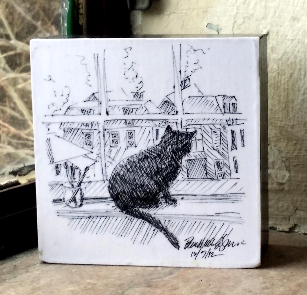 Looking Out On the Morning 4x4 Wood Mount Print of cat on windowsill