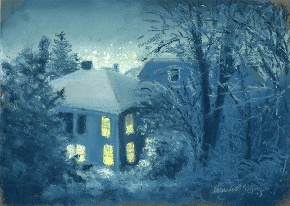 “Snow at Night” pastel, 11.75″ x 8.25″ © Bernadette E. Kazmarski