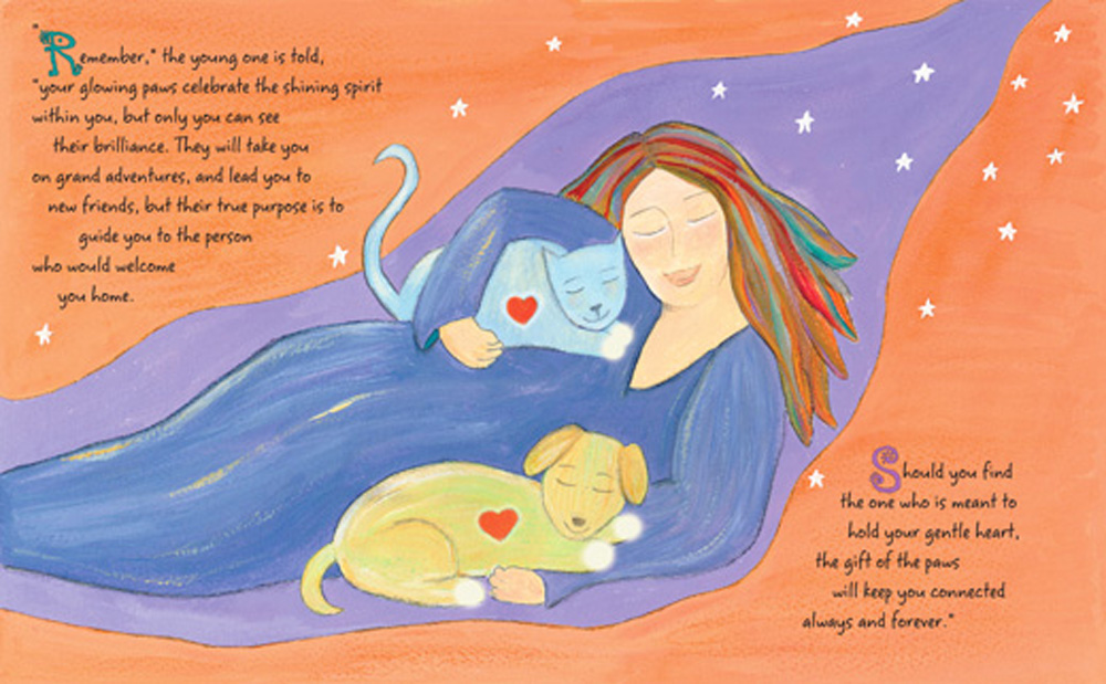"Woman with Cat and Dog" from "Forever Paws", an orange background with the blues and purples.